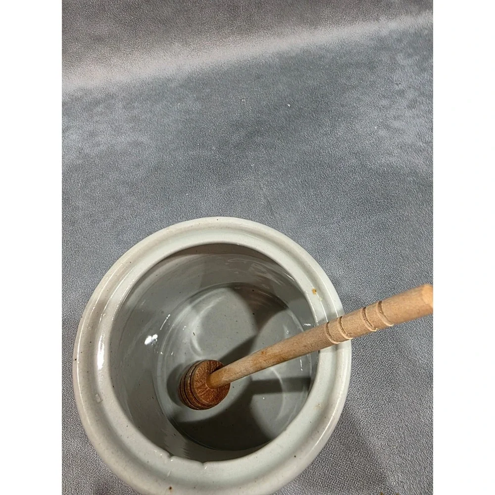 Vintage Stoneware Honey Pot with Lid and Wooden Dipper Blue Cream Ceramic Jar